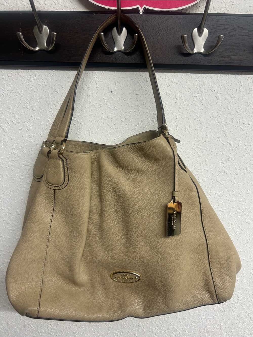 Coach Eddie Taupe Pebbled Leather Shoulder Bag with Gold Hardware